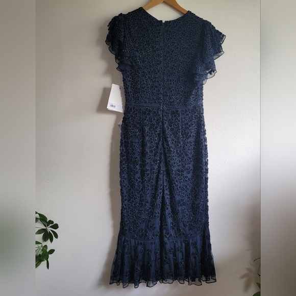 NWT Mac Duggal, Hand Beaded Flounce Sleeve Midi Dress, Midnight, Size 8 - $498 - Picture 5 of 12